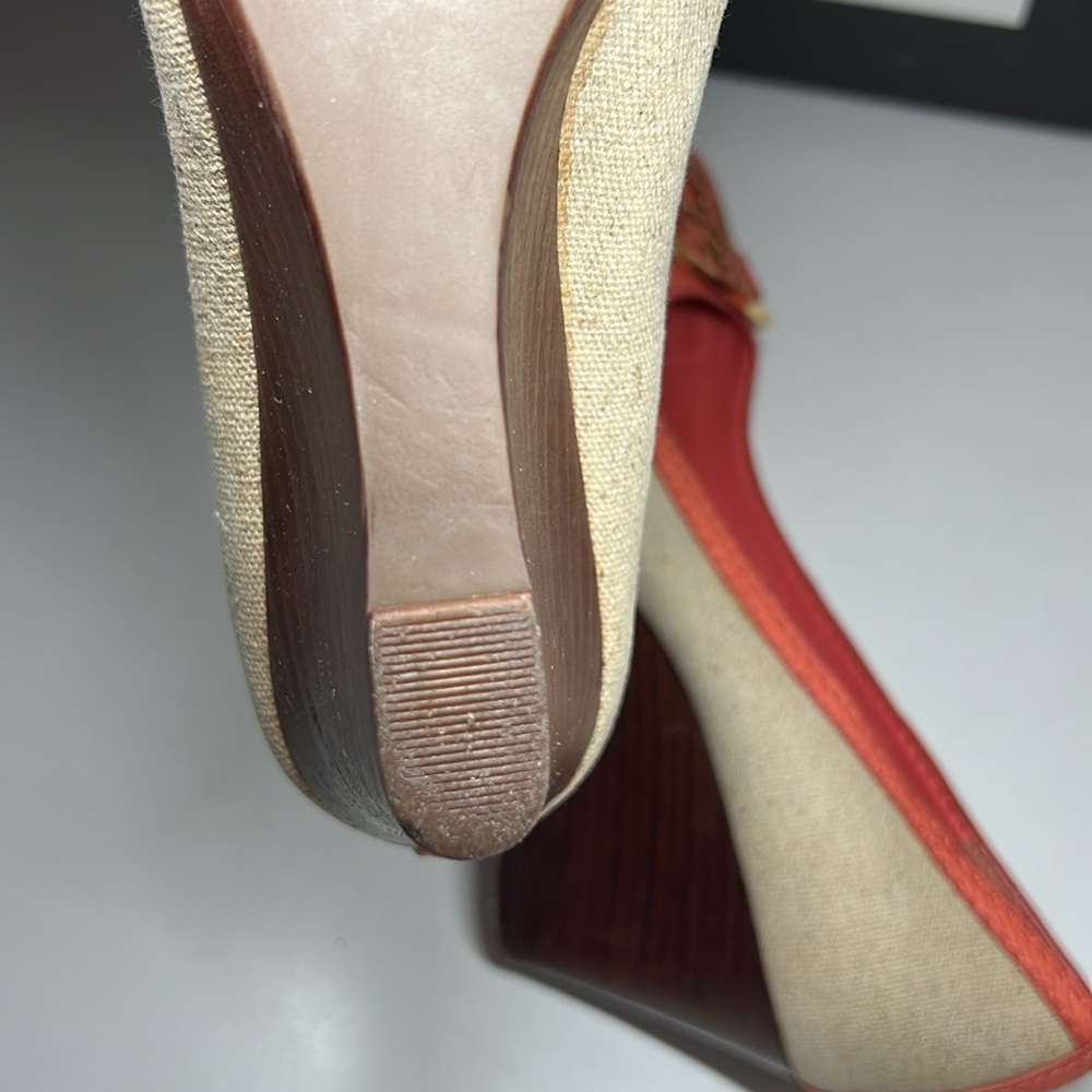 Tory Burch Amanda Off White/Pink Leather And Canvas PepToes Wedges Woman’s 6.5M - Picture 16 of 16